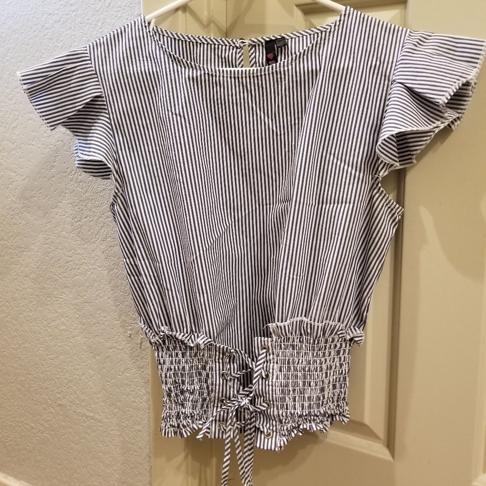 Blue & White Striped Ruffle Sleeve Gathered Waist